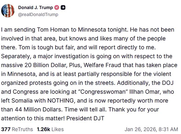Kristi Noem's Social Media Post on Winter Storm Clean-Up Faces Scrutiny Amid Trump's Deployment of Border Czar to Minneapolis